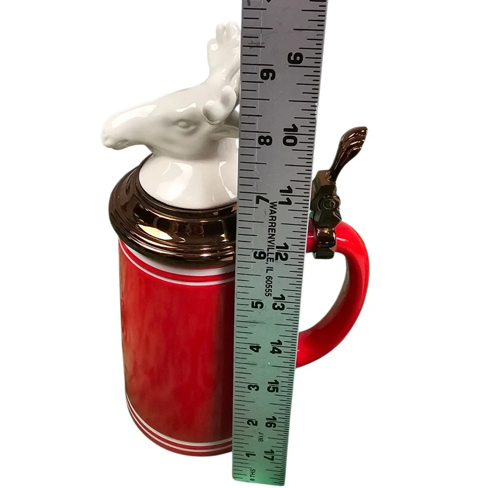 Threshold Red Stoneware Beer Stein with White Moose‎ Head Hinged Lid 9.5 Inch